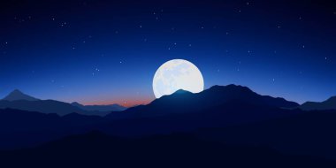 Gece dağ manzarası ile güzel bir gökyüzü. Dağların arkasında büyük bir moon ile manzara. Gerçekçi vektör çizim.