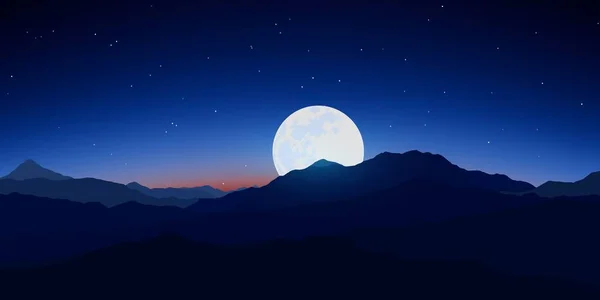 Paisagem de montanha noturna com um céu bonito. Paisagem com uma grande lua atrás das montanhas. Ilustração vetorial realista . — Vetor de Stock