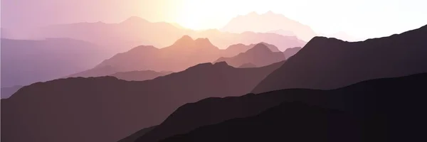 Różowy i fioletowy zachód słońca w górach. Ilustracja wektorowa realistyczne. — Wektor stockowy