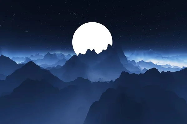 Paisaje nocturno. Paisaje con una gran luna detrás de las montañas. Ilustración vectorial realista . — Vector de stock