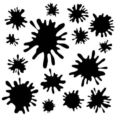 Siyah mürekkep lekeleri farklı boyutlarda bir dizi. Grunge su sıçramalarına izole üzerinde beyaz arka plan. Vektör çizim.