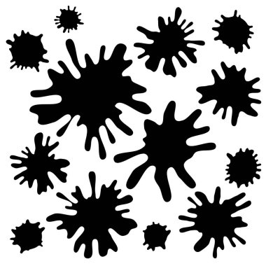 Siyah mürekkep lekeleri farklı boyutlarda bir dizi. Grunge su sıçramalarına izole üzerinde beyaz arka plan. Vektör çizim.