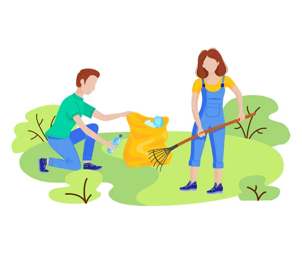 Volunteer people plant trees, cleaning garbage. — Stock Vector