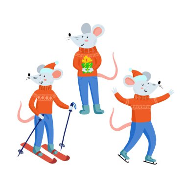 Beyaz arkaplanda izole edilmiş Noel faresi seti