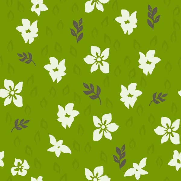 令人惊奇的无缝花纹，花朵和叶子在绿色背景上. — 图库矢量图片