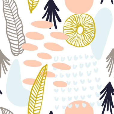 Pastel renklerde organik şekilli soyut desen. Memphis tarzı benekli vektör organik arka plan. Doğa dokusuyla kolajsız desen. Modern tekstil, ambalaj kağıdı, duvar tasarımı