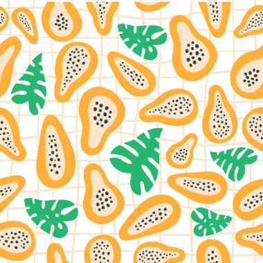 Papaya ile soyut meyve hücresi deseni. Papaya ve palmiye yapraklarıyla tropik, pürüzsüz desen, basit bir şekilde çizilmiş çizgiler. Vektör çizimi. Tekstil ve ambalaj için süs.