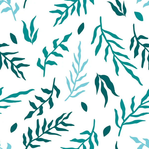 矢量无缝的花图案 小枝和叶子的轮廓在蓝色和绿色的冷色调的颜色 文雅印花 纺织品用涂鸦图案摘要 — 图库矢量图片
