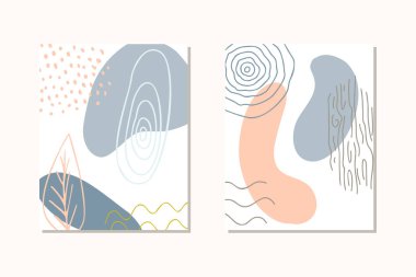 Soyut organik şekil ve el çizimi arkaplanı pastel renklerle ayarlandı. Posterler için modern kolaj, sosyal medya hikayeleri. Metin için alanı olan modaya uygun biçim soyut tasarımı ile vektör illüstrasyonu.