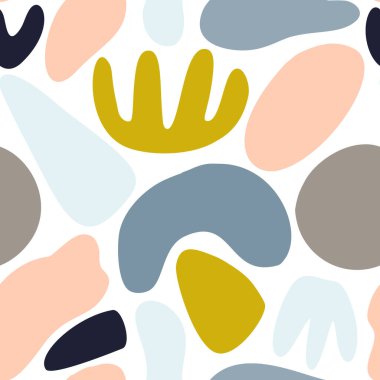 Pastel renkte organik şekilli soyut desen hardal sarısı, pembe. Benekli organik arka plan. Doğa dokusuyla kolajsız desen. Modern tekstil, ambalaj kağıdı, duvar tasarımı