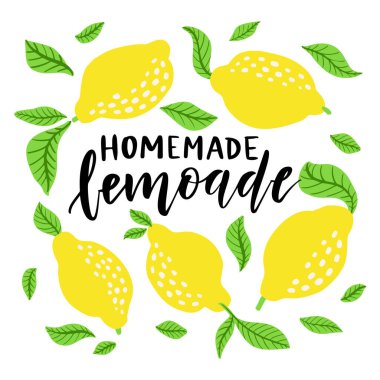 Limonlar çerçeveli ve limonata harfli. Ev yapımı limonata logosu ve poster, kart, tırnak, baskı, ambalaj, rozet için imza..