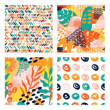 Soyut şekiller, tropikal yapraklar, fırça darbeleri ve hayvan dokusu izleriyle parlak renklerde ayarlanmış geometrik vektör deseni. Grunge, çizgili, kolaj tarzında daire çizen modern kusursuz desen