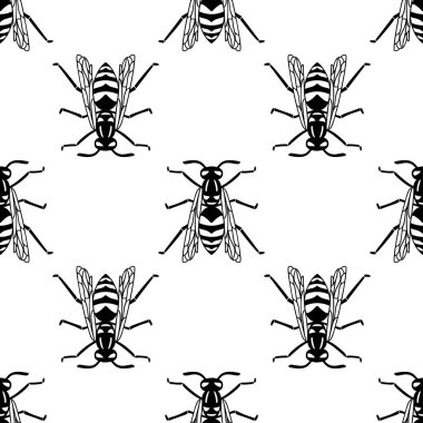 Beyaz arka planda izole edilmiş kusursuz siyah eşekarısı deseni. Yaban arısı böceğinin basit biçimdeki vektör illüstrasyonu.