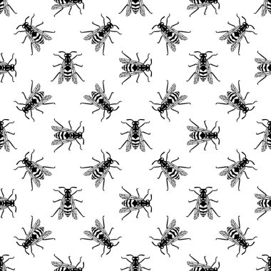 Beyaz arka planda izole edilmiş kusursuz siyah eşekarısı deseni. Yaban arısı böceğinin basit biçimdeki vektör illüstrasyonu.