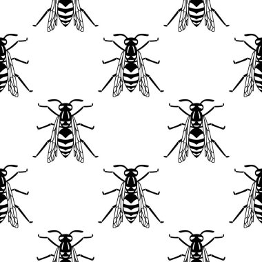 Beyaz arka planda izole edilmiş kusursuz siyah eşekarısı deseni. Yaban arısı böceğinin basit biçimdeki vektör illüstrasyonu.