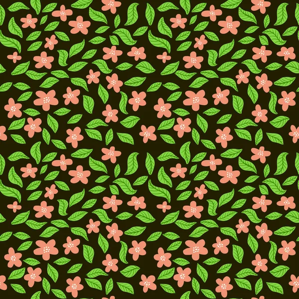 Vektorové Květinové Bezešvé Vzor Doodle Stylu Růžovými Květy Listy Tmavém — Stockový vektor
