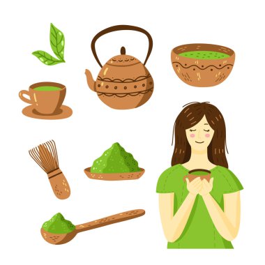 Kibrit yeşil çay vektör seti - kibrit tozu, latte, mochi, çaydanlık, kase, bambu kaşığı, çırpı, yapraklar ve fincanlı kız. Asya Japon içkisi seremonisi. Vektör illüstrasyonu beyaz arkaplanda izole edildi