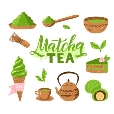Kibrit yeşil çay vektör seti - kibrit tozu, latte, mochi, çaydanlık, kase, bambu kaşığı, çırpı, dondurma, pasta, yapraklar. Asya Japon içkisi seremonisi. Vektör illüstrasyonu beyaz arkaplanda izole edildi.