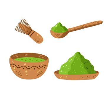 Kibrit yeşil çay vektör seti - kibrit tozu, mochi, çay kasesi, bambu kaşığı, çırpı. Asyalı Japonlar ve Çinliler içki seremonisi. Vektör illüstrasyonu beyaz arkaplanda izole edildi.