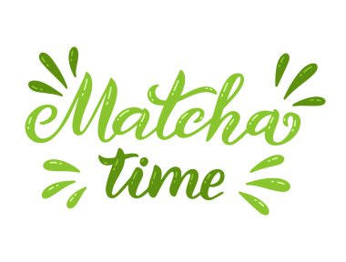 Beyaz arka planda izole edilmiş kibrit yeşil çay alıntısı. Logo, etiket ve çay ambalajı için kibrit elle çizilmiş harfler. Geleneksel Japon ve Asyalı içecekleri. Kaligrafi vektör çizimi.