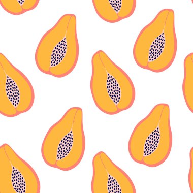 Papaya ile soyut meyve deseni. Elinde papaya resmi olan tropik, pürüzsüz bir şekil. Vektör illüstrasyonunda parlak renk. Tekstil ve ambalaj için süs.