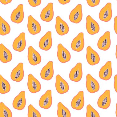 Papaya ile soyut meyve deseni. Elinde papaya resmi olan tropik, pürüzsüz bir şekil. Vektör illüstrasyonunda parlak renk. Tekstil ve ambalaj için süs.