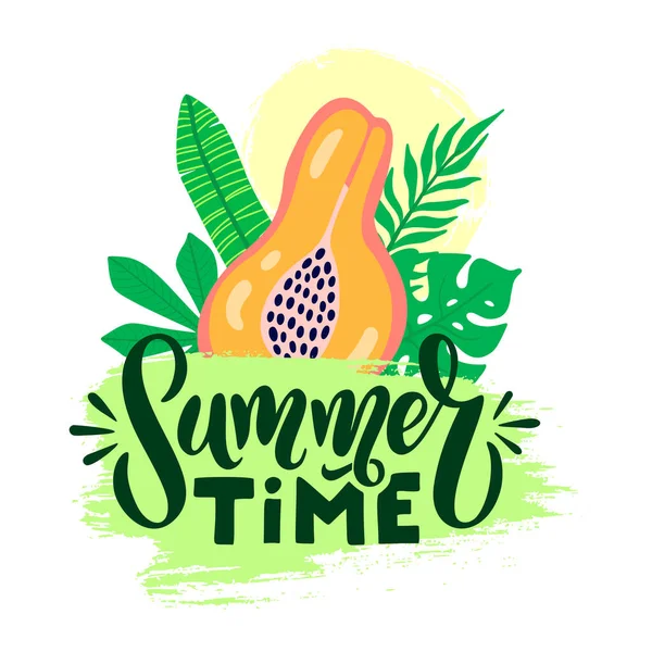 夏季矢量海报与字母 欢迎暑期图形背景和文字书法 向量图例木瓜果 棕榈叶在白底分离的刷子笔划 — 图库矢量图片