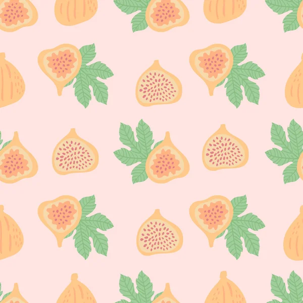 イチジクと葉の抽象的な果物のパターン 図とピンクの背景に葉と熱帯シームレスなパターン 手描きでベクトルイラスト 織物や包装のためのかわいい飾り — ストックベクタ