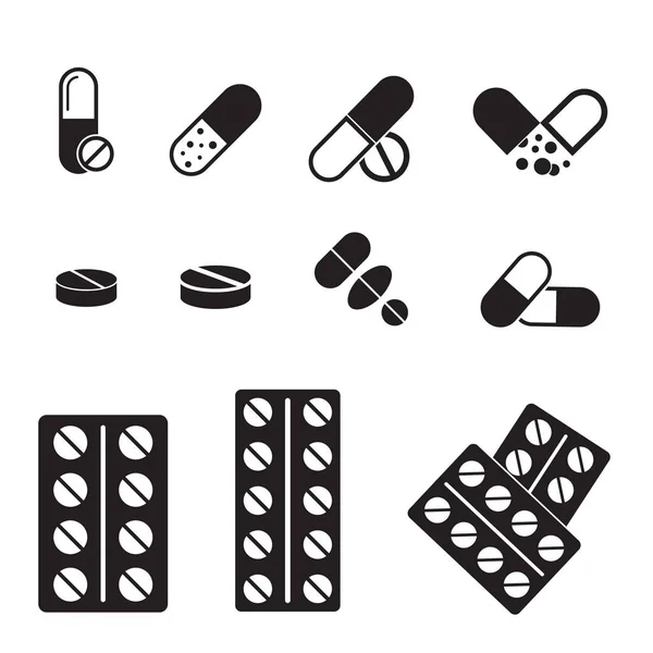 Conjunto Iconos Pastillas Médicas Iconos Como Tableta Cápsula Píldora Medicamento — Vector de stock