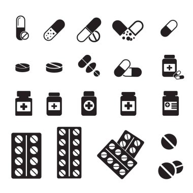İlaç ikonları hazır. Tablet, kapsül, hap, ilaç, tıbbi şişe gibi ikonlar.