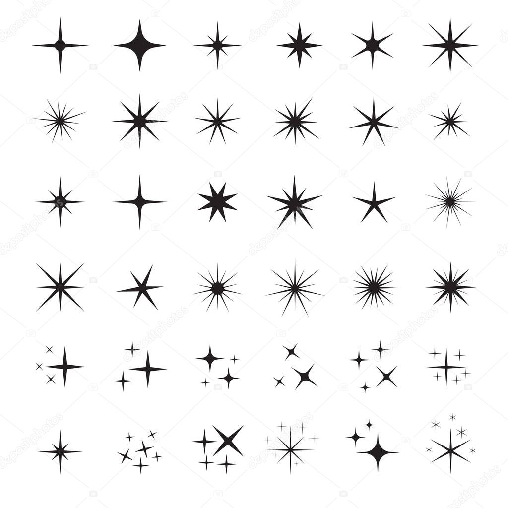 Star icons. Twinkling stars. Sparkles, shining burst. Christmas vector symbols isolated