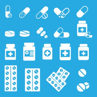 İlaç ikonları hazır. Tablet, kapsül, hap, ilaç, tıbbi şişe gibi ikonlar.