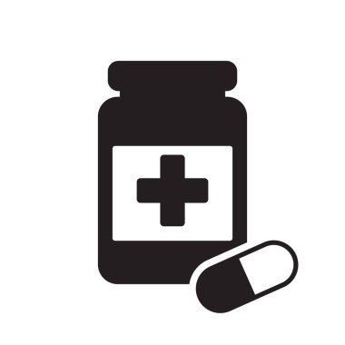 İlaç şişesi ve hap ikonu. Siyah beyaz ikon. Vektör illüstrasyonu