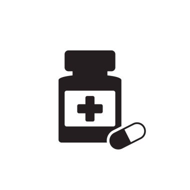 İlaç şişesi ve hap ikonu. Siyah beyaz ikon. Vektör illüstrasyonu