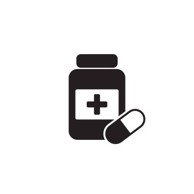 İlaç şişesi ve hap ikonu. Siyah beyaz ikon. Vektör illüstrasyonu