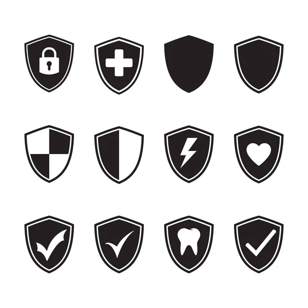 Conjunto Icono Protección Escudo Vectorial Negro Sobre Blanco — Vector de stock