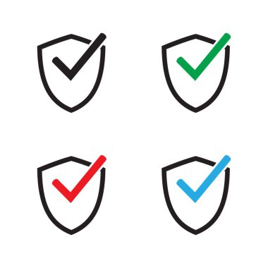 İşaret sembollü kalkan. Tik kalkanı güvenlik simgesi. Vektör simgesi.