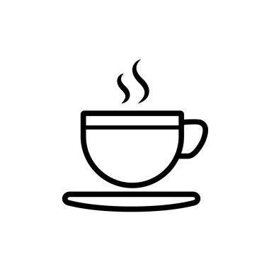 Bir fincan kahve ya da çay buharlı, vektör çizgisi simgesi siyah beyaz üzerine