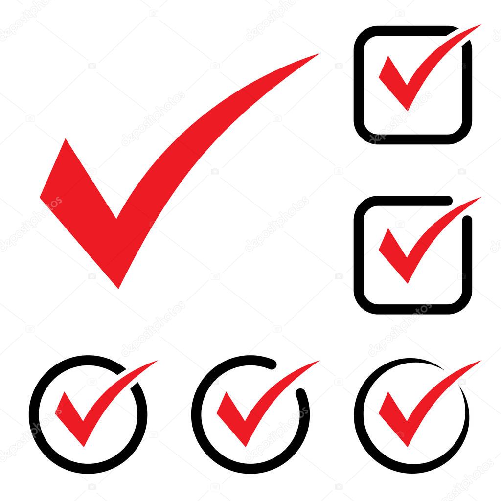 Red tick icon vector symbol, checkmark isolated on white background, checked icon or correct choice sign, check mark or checkbox pictogram