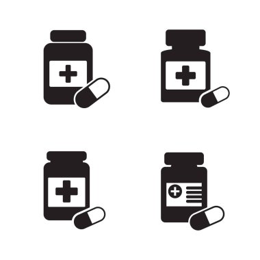 İlaç şişesi ve hap ikonu. Siyah beyaz ikon. Vektör illüstrasyonu