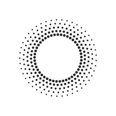 Yarı ton etki vektör deseni. Siyah soyut yuvarlak çerçeve, yarım tonlu noktalar, logo, amblem, tasarım elemanı. Beyaz arkaplanda izole edilmiş çember noktaları.