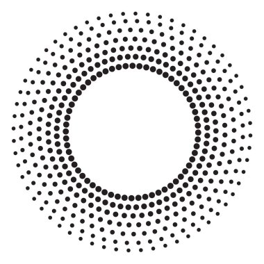Yarı ton etki vektör deseni. Siyah soyut yuvarlak çerçeve, yarım tonlu noktalar, logo, amblem, tasarım elemanı. Beyaz arkaplanda izole edilmiş çember noktaları.