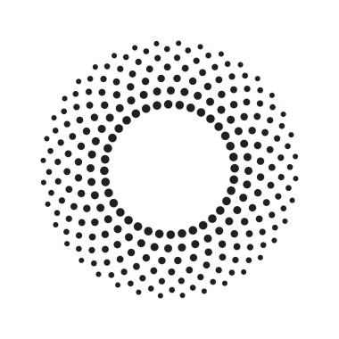 Yarı ton etki vektör deseni. Siyah soyut yuvarlak çerçeve, yarım tonlu noktalar, logo, amblem, tasarım elemanı. Beyaz arkaplanda izole edilmiş çember noktaları.