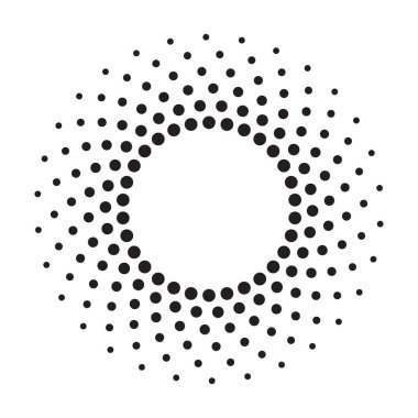 Yarı ton etki vektör deseni. Siyah soyut yuvarlak çerçeve, yarım tonlu noktalar, logo, amblem, tasarım elemanı. Beyaz arkaplanda izole edilmiş çember noktaları.