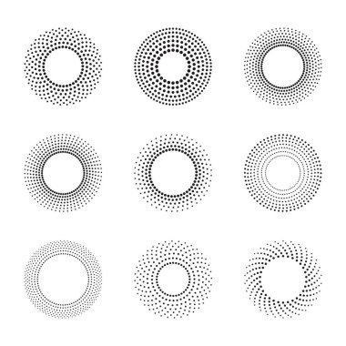 Yarı ton etki vektör deseni. Siyah soyut yuvarlak çerçeve, yarım tonlu noktalar, logo, amblem, tasarım elemanı. Beyaz arkaplanda izole edilmiş çember noktaları.