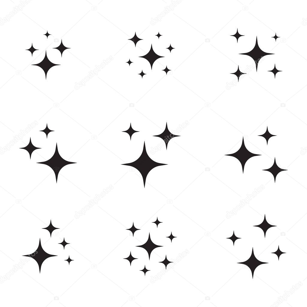 Set of vector stars sparkle icon. Bright firework, twinkle, shiny flash. Sparkles symbols vector. Glowing light effect star collection.