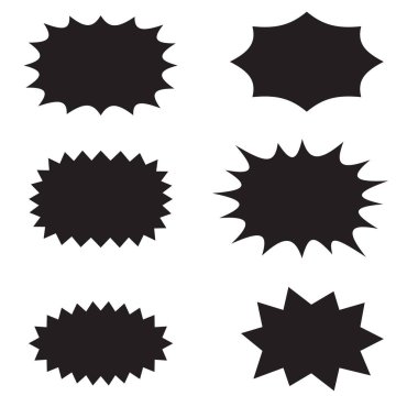 Splash star icon set in flat style. Set of explosion background for a surprising and shocking moment with sample texts.