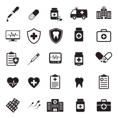 Tıbbi vektör simgesi seti, ilaç ve sağlık hizmetleri, beyaz arkaplanda izole edilmiş hap ikonu.