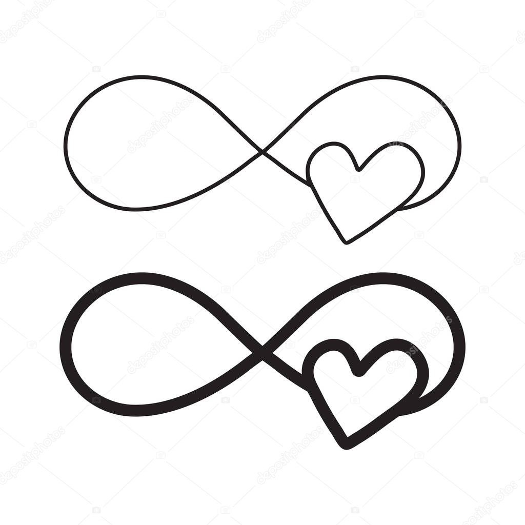 Hand drawn infinity symbol with heart, love sign doodle icon. Love sign forever for Happy Valentines Day.