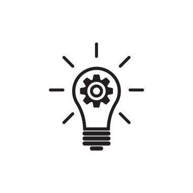 Dişliler simgesine sahip ampul, beyaz arkaplanda izole edilmiş siluet vektör çizimi.